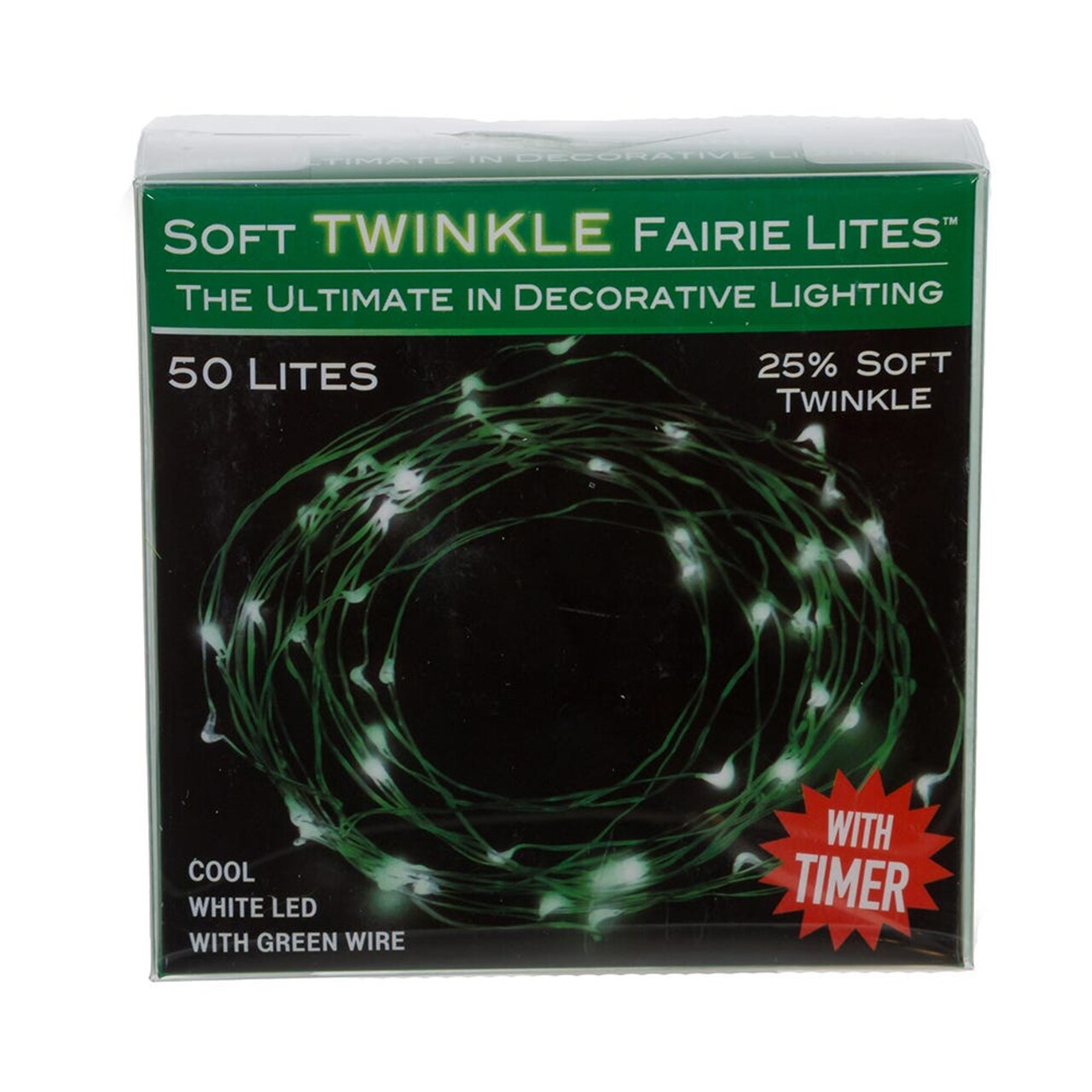 50-Light Cool White Soft Twinkle Fairy LED Green Wire Light Set